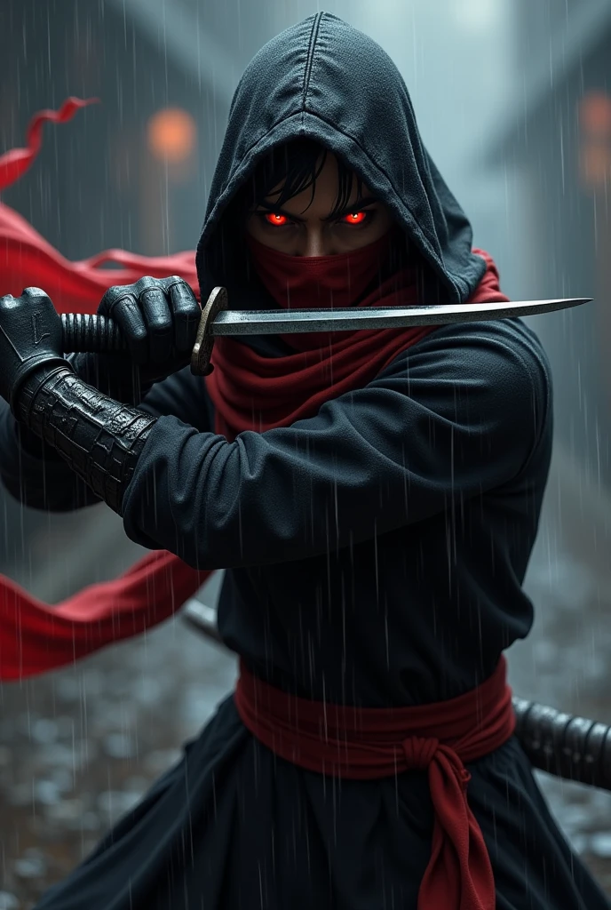 A man with brown skin, Bblack hair, Eyes red, short beard.
visual ninja, black color with a long red scarf hiding her mouth and nose.
a knife in his hand in attack position rainy weather.