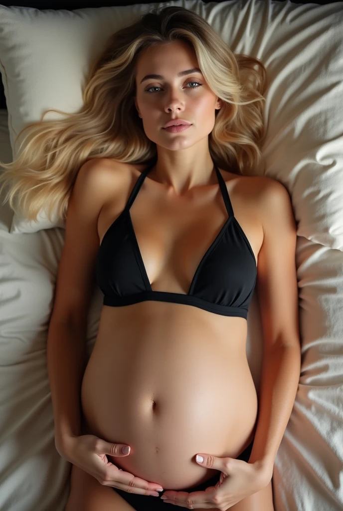 Blonde girl in a black bikini and very pregnant laying in bed