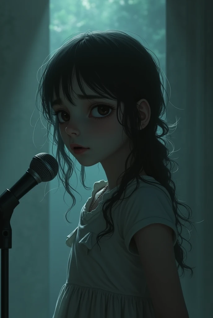 A girl talking in microphone with creepy background