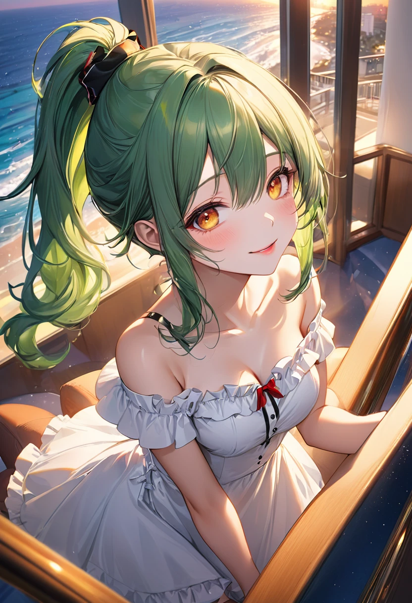 (ecstasy style), (frontale, pov), (looking up, solo:2, 15 yo), (beautiful ponytail) (glossy beautiful green hair long hair) (beautiful cute girl), (glossy lip, love smile, makeup sexy red eye shadow) (best cute yellow eyes), (medium tits), in a Ruffle off shoulder white dress, break, in the evening, in the hotel's Open Lounge, background beautiful sunset in ocean, BREAK, perfect anatomy, masterpiece, best quality, 16k, beautiful detailed Dim, daydreaming expression.