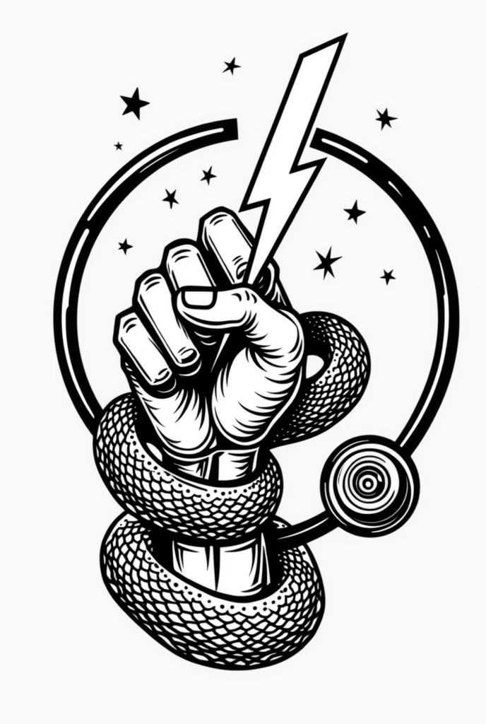 Create a logo style image for advertising a medical physiotherapy office with a black and white cartoon style drawing of a hand holding a lightning bolt and around the forearm wrapped a snake showing the snake&#39;s face on the right side of the hand and all this is surrounded by a stethoscope around the drawing