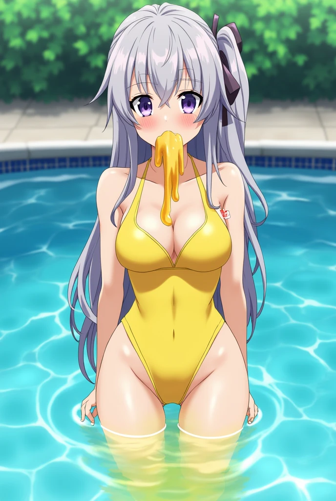 Anime, girl, girl in a swimsuit, girl in a swimsuit with a tube that is inserted into a swimsuit, pees, pees herself, pees with yellow urine, pees into a tube that is inserted into a swimsuit, yellow urine flows from a tube that is inserted into a swimsuit, urine flows into the pool, bright yellow urine dissolves in the pool