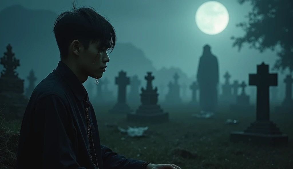 Picture of a traditional Thai funeral, Ancient Thai, Wang Weng atmosphere, Chilling and chilling, Reference to the funeral of Mae Nak Phra Khanong, ไอ้มากนั่งโศกเศร้าในgraveyard, Sharp picture, moon, Smoke dust, A young man sits guarding a grave.(แบบAncient Thai), graveyard, There is a shadow of a ghost girl.(Drifting in thin air), Tears flowing, 
