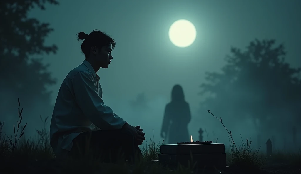 Picture of a traditional Thai funeral, Ancient Thai, Wang Weng atmosphere, Chilling and chilling, Reference to the funeral of Mae Nak Phra Khanong, ไอ้มากนั่งโศกเศร้าในgraveyard, Sharp picture, moon, Smoke dust, A young man sits guarding a grave.(แบบAncient Thai), graveyard, There is a shadow of a ghost girl.(Drifting in thin air), Tears flowing,