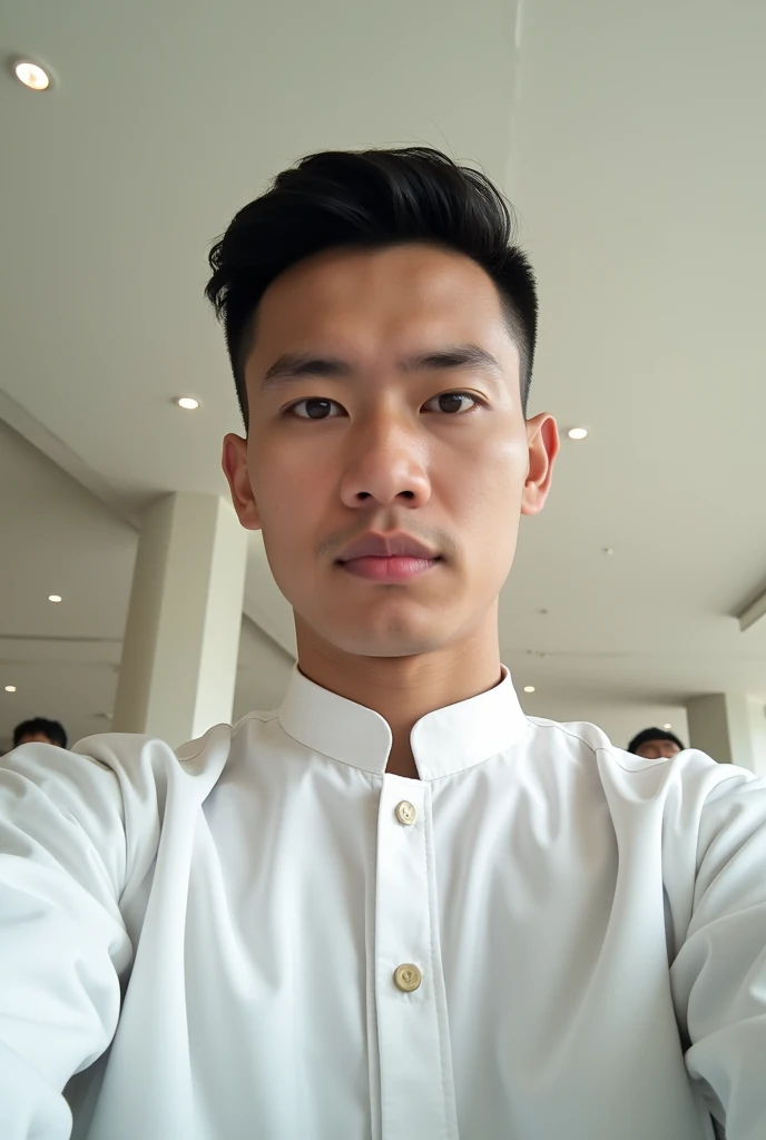 cowok jumatan, use white cocoa, selfie photo from below, handsome white, no blur background