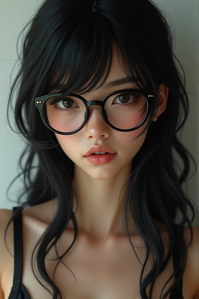 Thin girl black hair big black eyes black glasses sexy clothes thoughtful