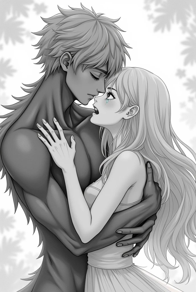 A monster fell in love with a blonde princess holding ass to each other and crying with tears of Joy in anime make the monster more handsome Make the monster human like make the monster younger image is black and white Make the image drawing
