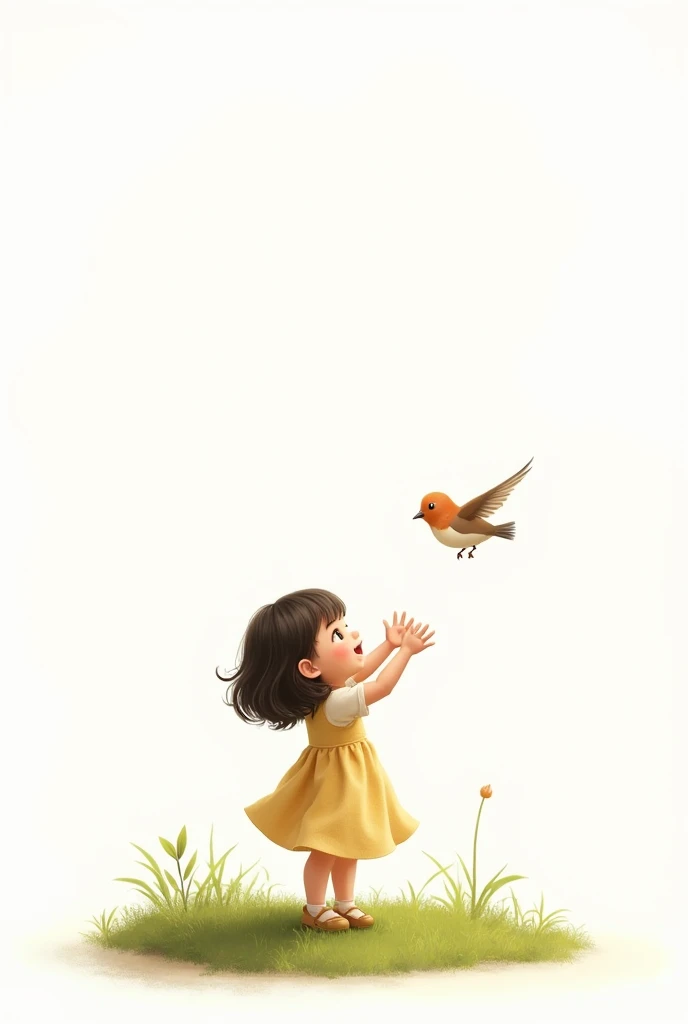 white background,liitle girl standing on grass,rais her hands to little bird,little bird flying,cute frock wearing girl,smilling face
