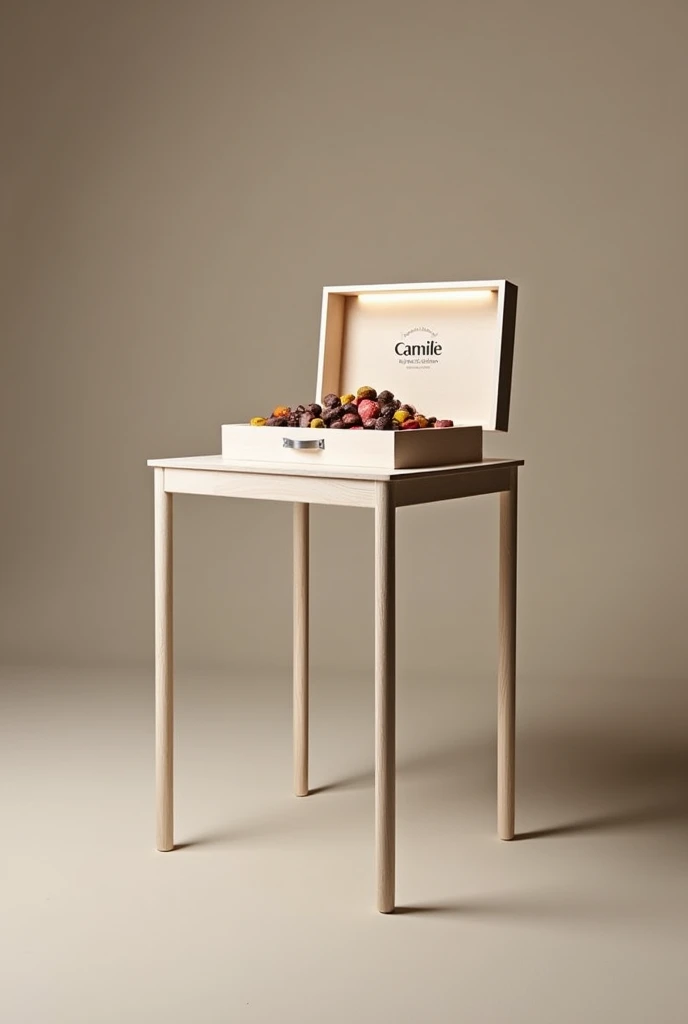 Create an image of a minimalist table with the small board I will specify better for you, I want the board to be 25 centimeters wide and 35 centimeters long. and I want the height to be 90 centimeters. I want the support or base that holds the board to be 4 very thin legs.
The board has a 90-degree opening lid with a simple black frame., On the top middle part of the cover there are some letters that say "Camile" It is a logo and its slogan is "a detail, a delight" and on the board there are 30 units of chocolates of different colors. The table has built-in lights that allow you to see the chocolates in a beautiful way and the lights work with batteries.