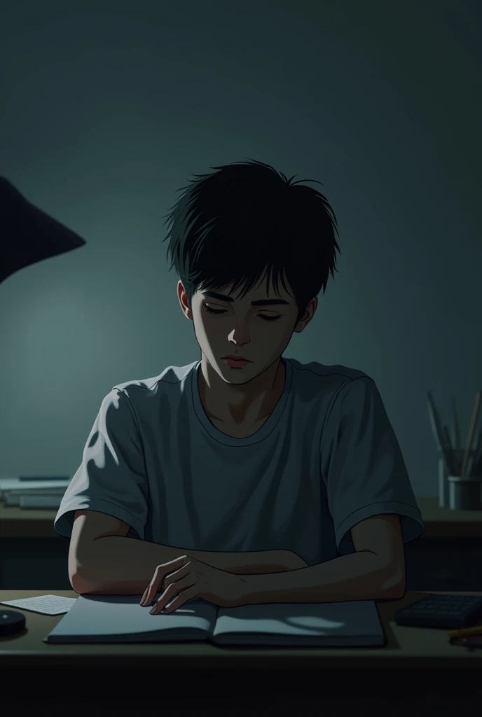 A sad 20 years old boy sitting on a desk