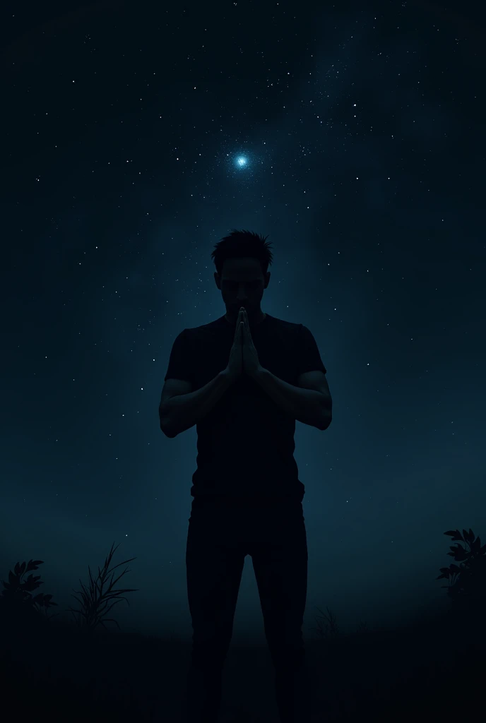 A profile picture for WhatsApp of a man in the dark asking God for help looking at the sky. The man's face must not be seen, It must be dark.