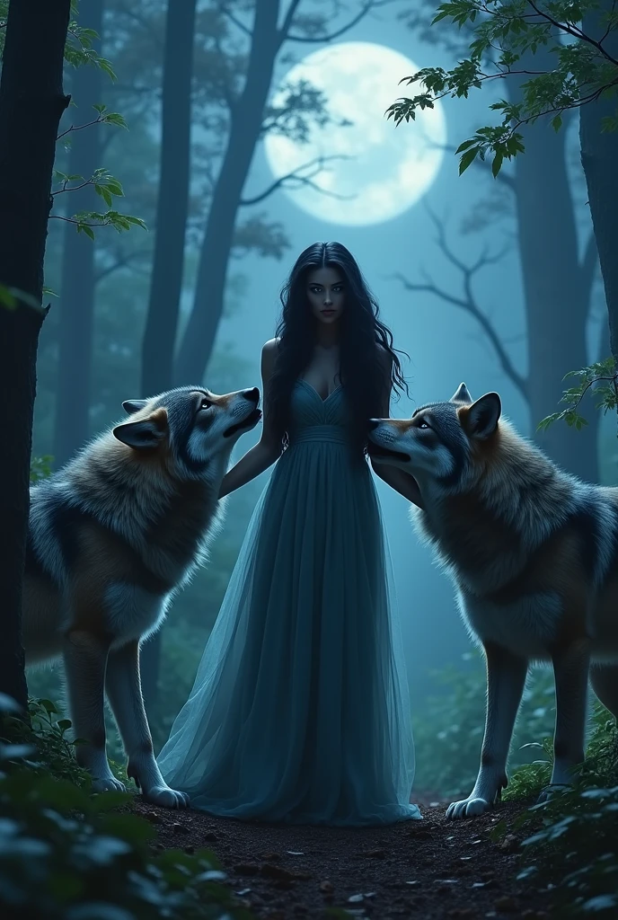 (photorealism:1.2), beautiful woman, long wavy black hair, blue eyes, she is in the middle of big wolves fighting, one is black and the other is white, night forest background with full moon, cool undertones, realistic photography, realistic image.n,
