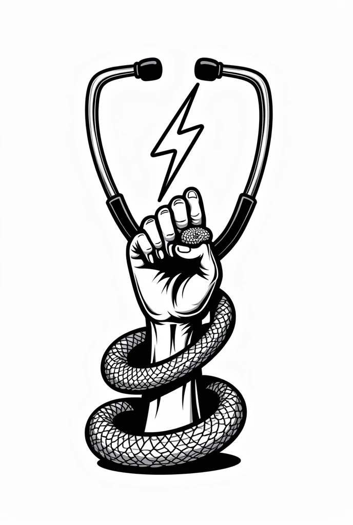 Create a logo style image for advertising a medical physiotherapy office with a black and white cartoon style drawing of a hand holding a lightning bolt and around the forearm wrapped a snake showing the snake&#39;s face on the right side of the hand and all this is surrounded by a stethoscope around the drawing