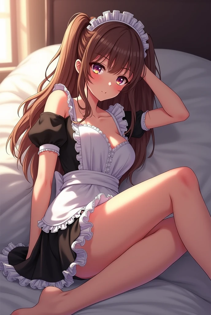 Brown haired anime girl dressed as a maid with beautiful body lying down