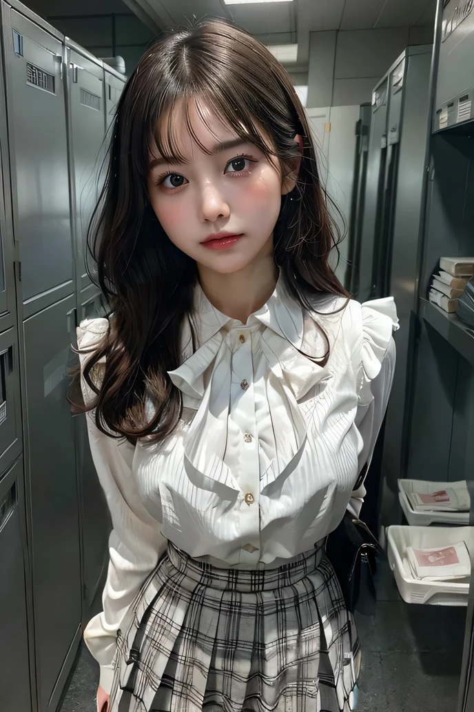 She is wearing a long-sleeved, collared white blouse that shows off her bust、wearing a gray pleated skirt