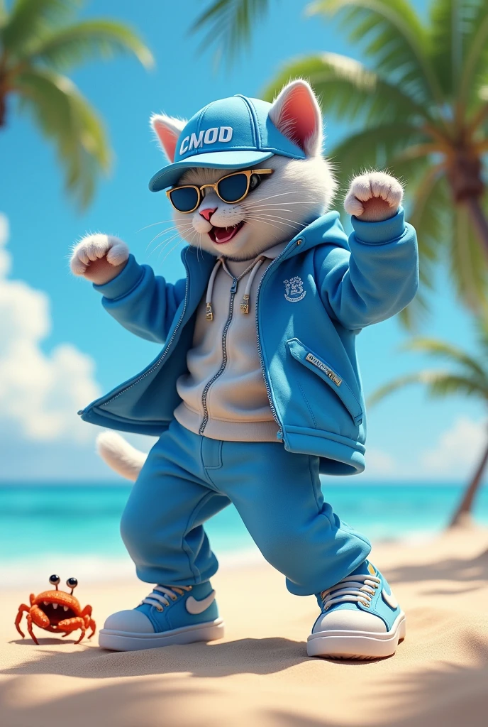 A cool and cute male cat is dressed as a kpop dancer and dancing at the front on the floor。 The hat says kPOP。
The coat color is blue。
There is a hermit crab。
Small palm trees grow on the beach。