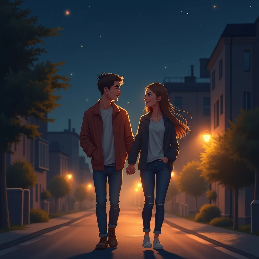 "A serene night scene in 4K resolution, set in a quiet, softly lit street. A young man and woman are walking together, hand in hand, smiling and laughing joyfully. The couple appears close, their expressions filled with warmth and happiness. Soft golden streetlights cast a gentle glow on their faces, highlighting their features. The night sky above is clear, with faint stars twinkling in the background. The atmosphere is peaceful and romantic, with the couple walking comfortably, surrounded by the stillness of the night."