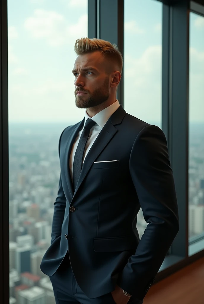 a Russian man, aesthetically beautiful body because you train at the gym, short blonde hair with a slight quiff, with a low social beard, wearing a slightly tight suit, millionaire in his office standing looking sideways through the glass of his office