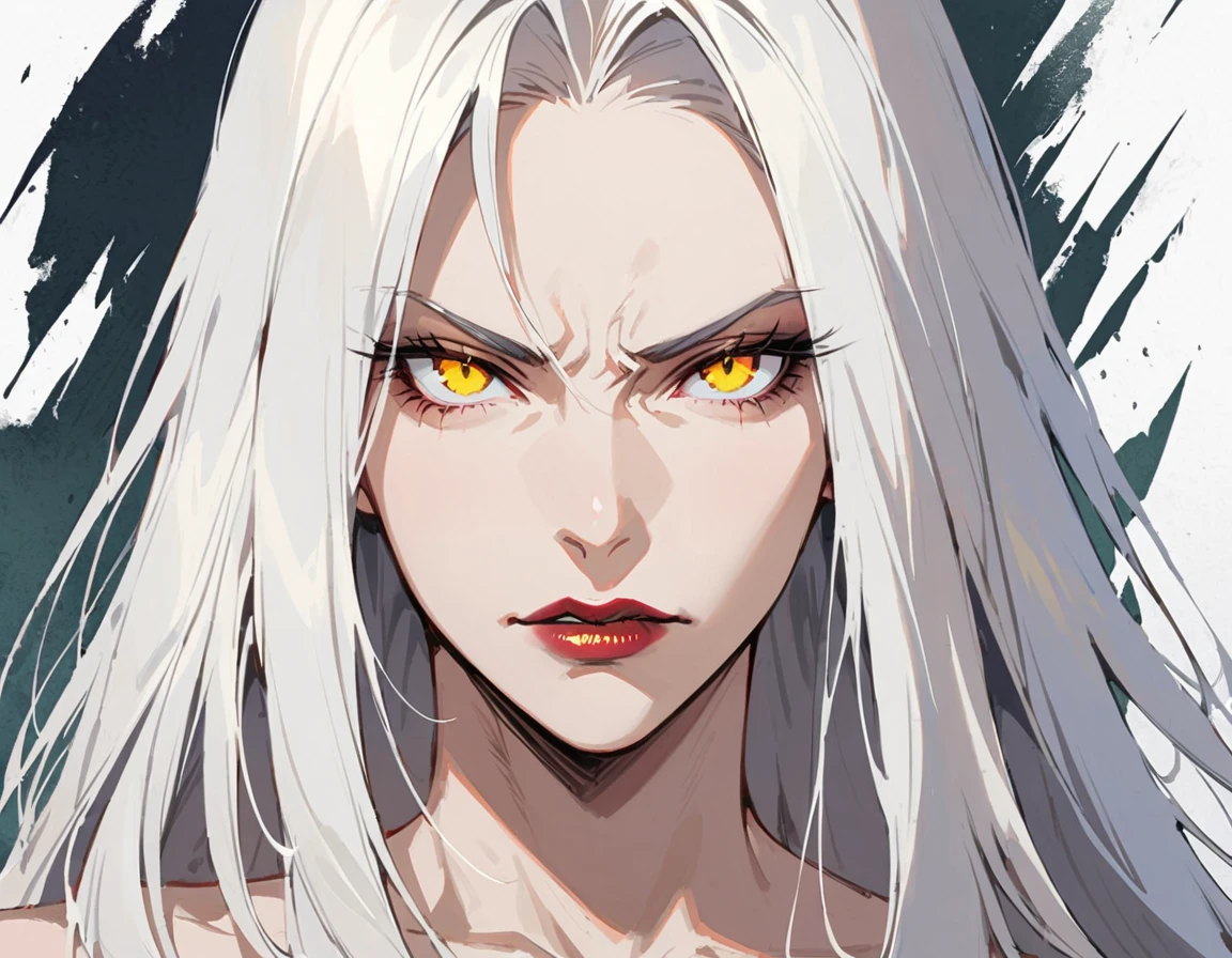 Long white hair, yellow eyes, evil, sexy, elegant hairstyle, evil face, evil, serious look, gloss lips, sinister, front look, (((half-body portrait))), beautiful eyes, white straight hair, sensual, clear skin, evil, female vampire 40 years, mature woman, solo, (((Older mature woman)))(((Demoness))) (Nude:1.0)