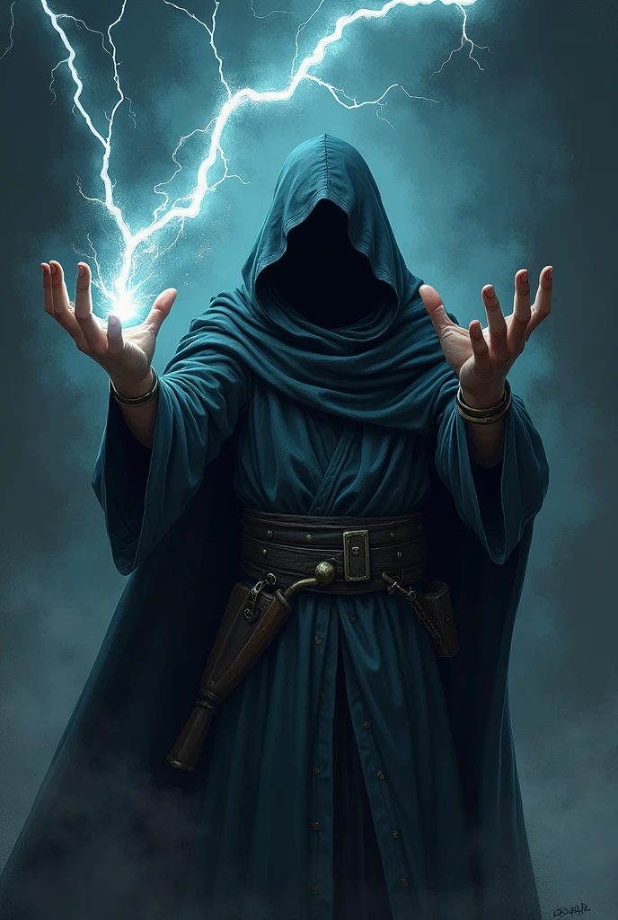 A wizard in simple dark robes without showing his face, from the trunk upwards, in a dark environment, in drawing style, doing a little lightning magic