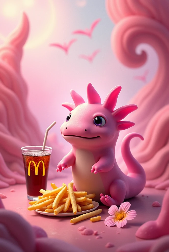 Create a background of a pink axolotl eating McDonalds fries with a glass of soda next to it and a pink flower