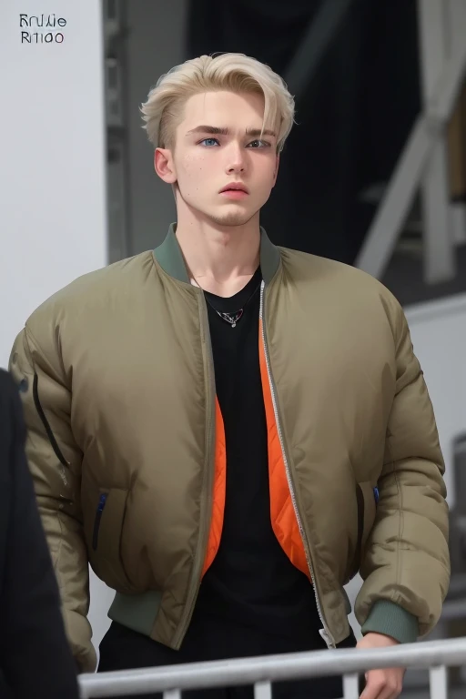 masterpiece, 最high quality, high quality, 1 person, alone, Male focus, Upper Body,Watching the audience, Messy hairstyle, Adorable big blue eyes, White, Noble, Noble,A green bomber jacket that is sexy and puffy、Rin々Beautiful young man