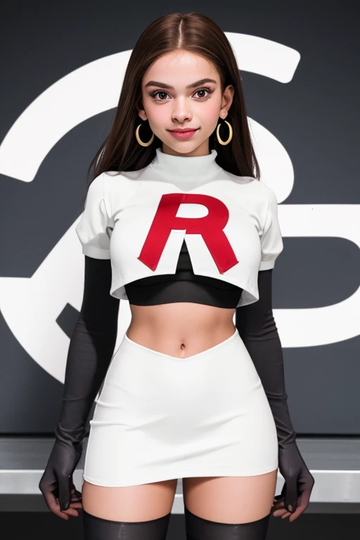 The face of Olivia Rodrigo, 1girl, solo, team rocket,team rocket uniform,white skirt,red letter R,crop top,black thigh-highs,black elbow gloves, earrings, large breasts, 