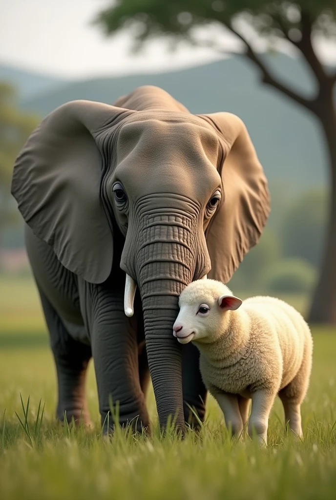 An orphaned elephant walking closely beside a sheep in a South African sanctuary. The scene should show the elephant gently nuzzling the sheep, highlighting their affectionate bond, with a backdrop of open fields and trees."