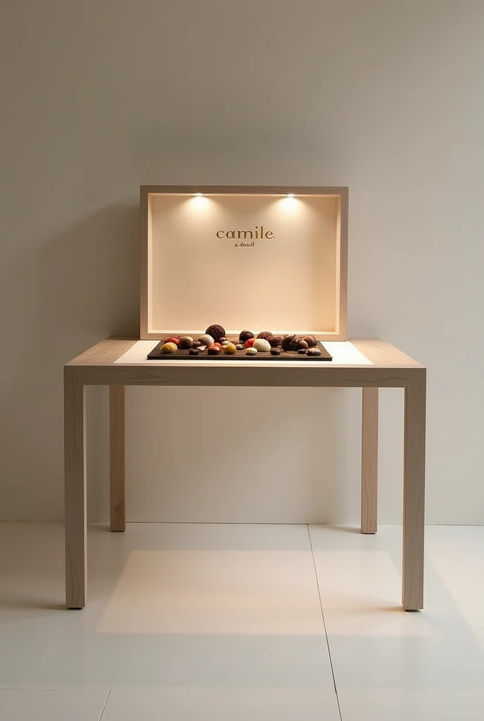 Create an image of a minimalist table with the small board I will specify better for you, I want the board to be 25 centimeters wide and 35 centimeters long. and I want the height to be 90 centimeters. I want the support or base that holds the board to be 4 very thin legs.
The board has a 90-degree opening lid with a simple black frame., On the top middle part of the cover there are some letters that say "Camile" It is a logo and its slogan is "a detail, a delight" and on the board there are 30 units of chocolates of different colors. The table has built-in lights that allow you to see the chocolates in a beautiful way and the lights work with batteries. 