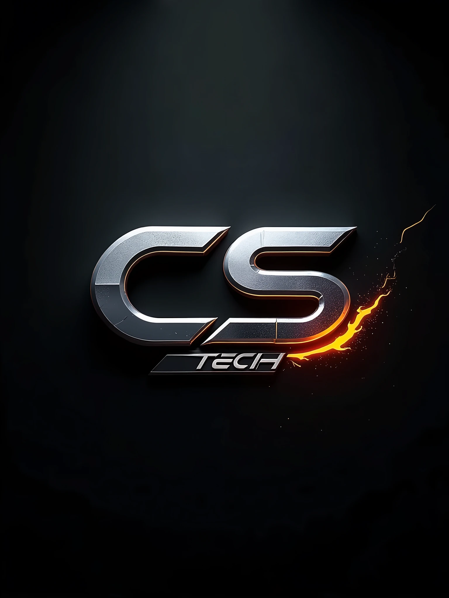 create a logo, black background, metallic letters, technological flame details, using the word "CS TECH".