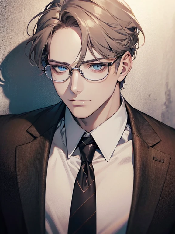masterpiece, best quality, 1male mature,  32 years, gray brown hair, blue eyes, glasses, CEO, white shirt, mugshot, wall background, detailed eyes, detailed facial features, realistic and high resolution (best quality, 4k, 8k, highres, masterpiece:1.2)