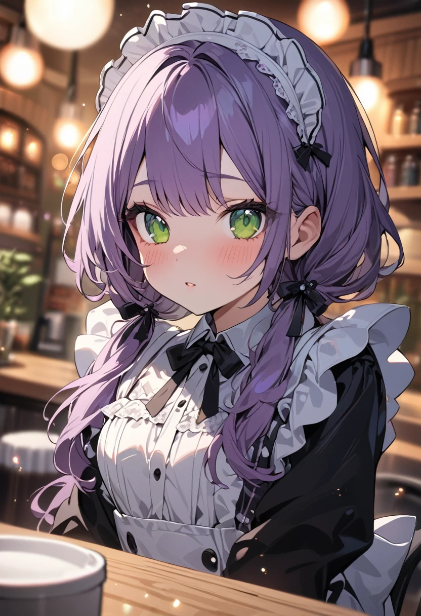 a girl, looking at viewer, low twintails, purple hair, green eyes, slim, maid, in the cafe, in the evening, kawaii, cute, upper body, medium shot, masterpiece, best quality, insanely detailed, hyper detailed, exquisite, beautiful,50mm f=1.4 Blur background, lens effect,bokeh,