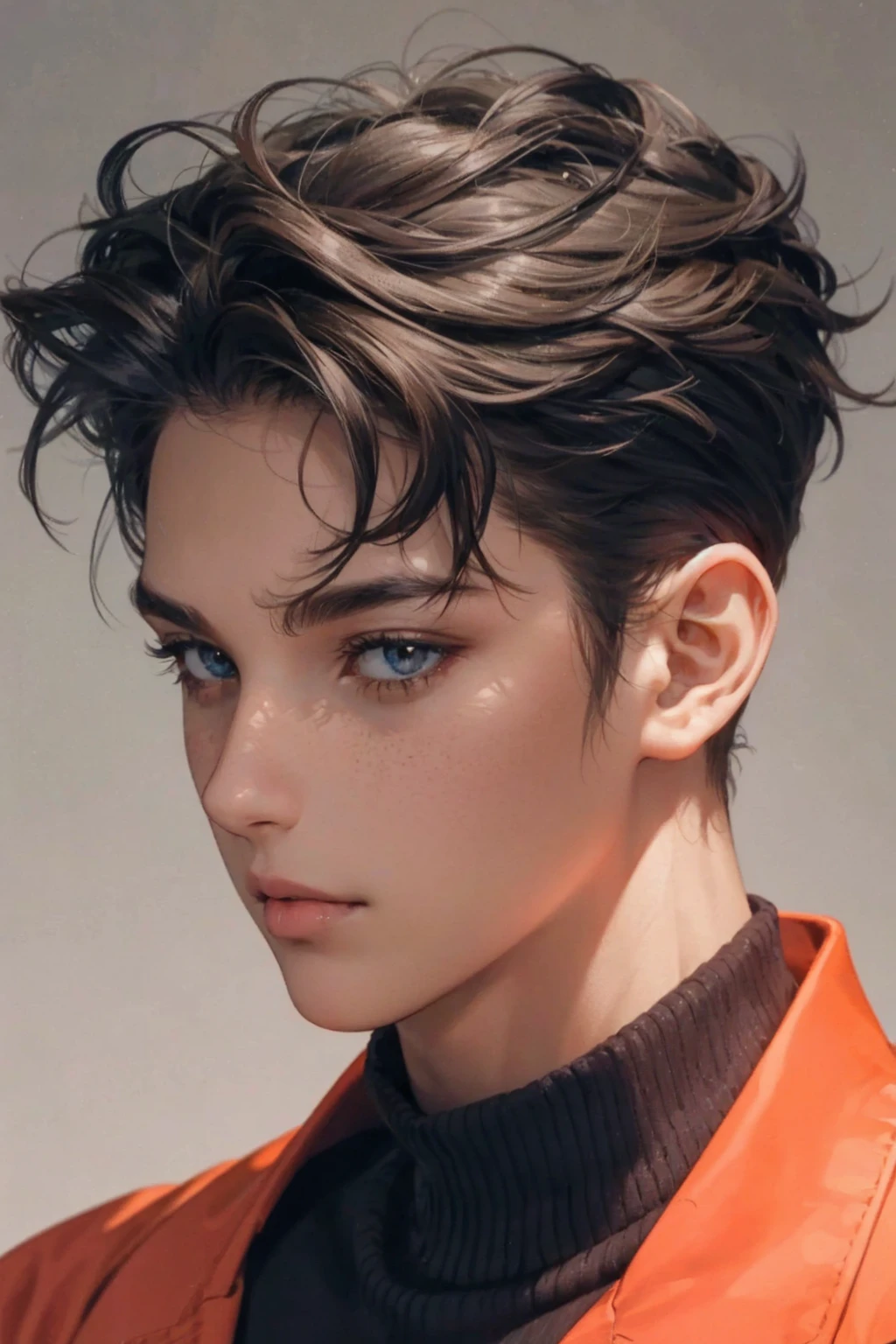 Light brown skin, moon kissed, blue turtle neck, messy hair, brown eyes