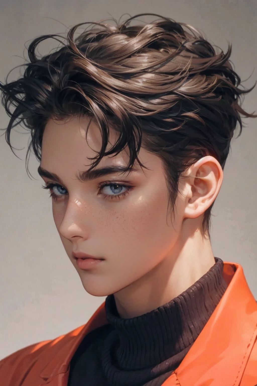 Light brown skin, moon kissed, blue turtle neck, messy hair, brown eyes