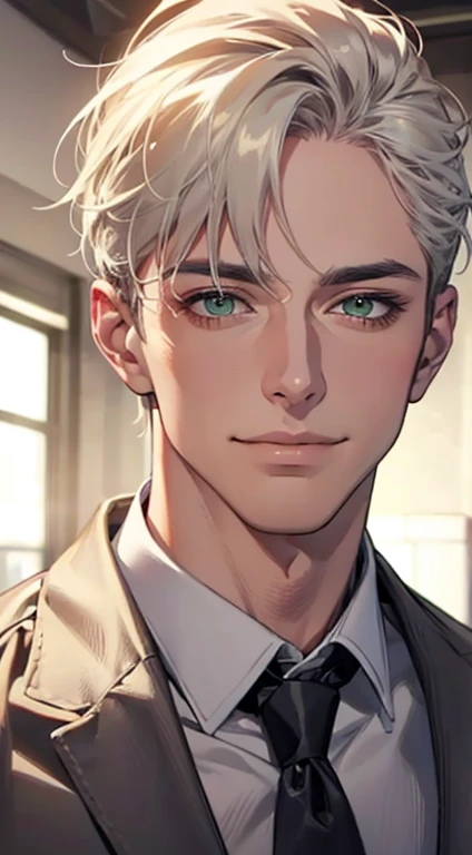 (Highest quality,4K,8K,High resolution,masterpiece:1.2),Super detailed,(Realistic,photoRealistic,photo-Realistic:1.37),1 personld,Mature Men,Beautiful skin、very handsome,Expressionless smile in love,Short white hair,green eyes,Sharp Eyes,A perfect face without a doubt,Businessman, CEO, Office Background,Cinema Lighting,HDR image,tie、
