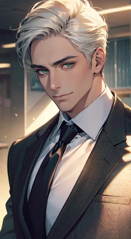 (Highest quality,4K,8K,High resolution,masterpiece:1.2),Super detailed,(Realistic,photoRealistic,photo-Realistic:1.37),1 personld,Mature Men,Beautiful skin、very handsome,Expressionless smile in love,Short white hair,green eyes,Sharp Eyes,A perfect face without a doubt,Businessman, CEO, Office Background,Cinema Lighting,HDR image,tie、