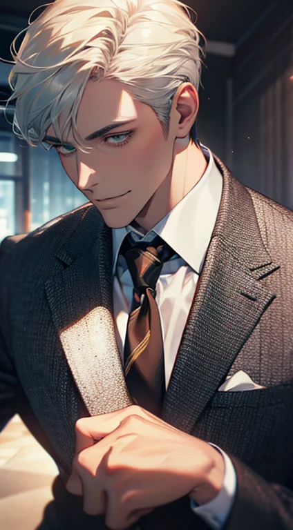 (Highest quality,4K,8K,High resolution,masterpiece:1.2),Super detailed,(Realistic,photoRealistic,photo-Realistic:1.37),1 personld,Mature Men,Beautiful skin、very handsome,Expressionless smile in love,Short white hair,green eyes,Sharp Eyes,A perfect face without a doubt,Businessman, CEO, Office Background,Cinema Lighting,HDR image,tie、