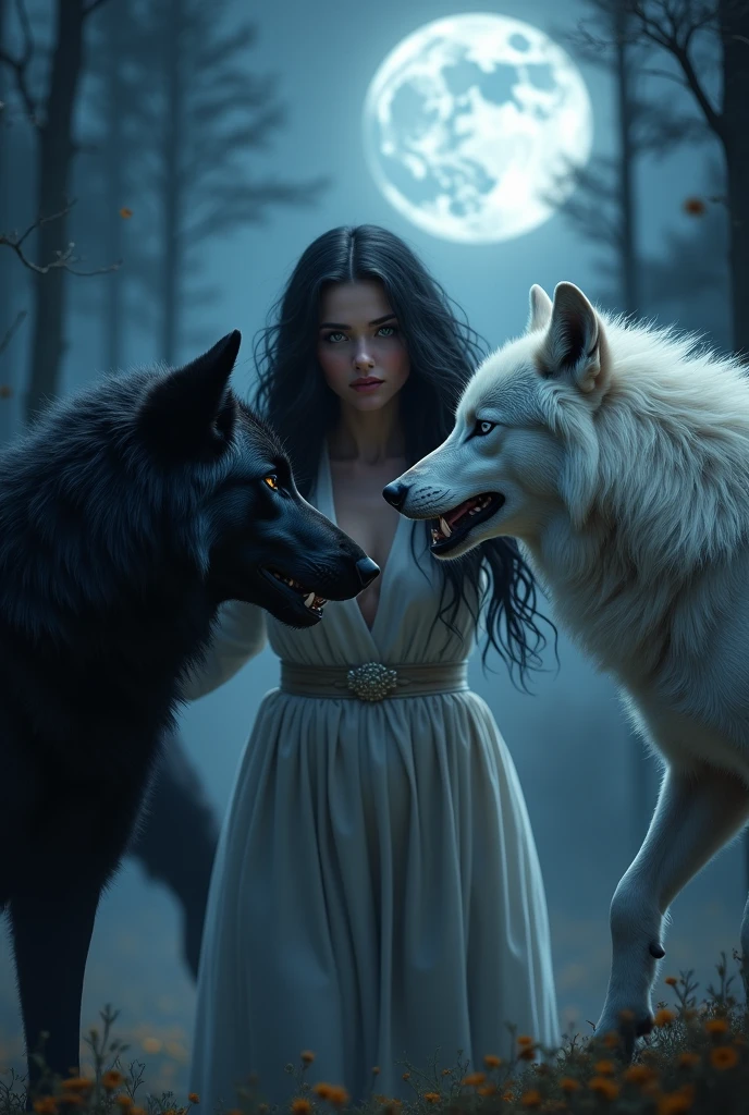 (photorealism:1.2), beautiful woman, long wavy black hair, blue eyes, she is in the middle of huge wolves fighting, one is black and the other is white, night forest background with full moon, cool undertones, realistic photography, realistic image.n,