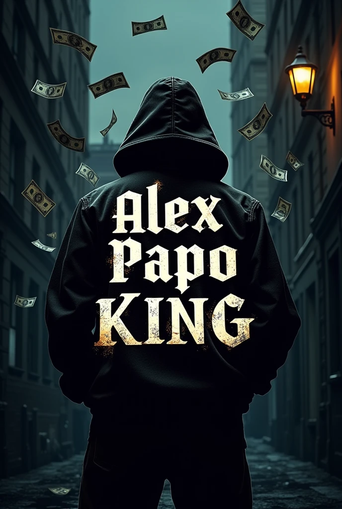 Generate a logo with the name of (Alex papo king)
With bills falling from the sky with a gangster theme