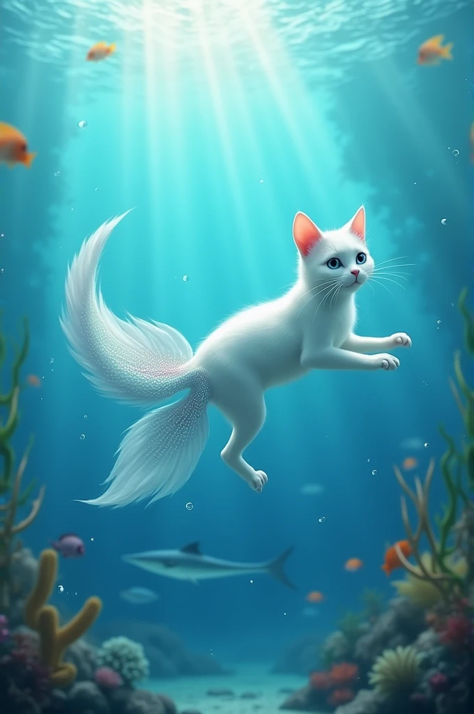Video of a white cat with a mermaid tail swimming in the sea
