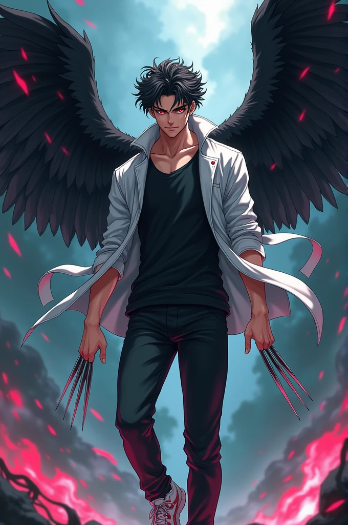 Anime Handsome boy with wolverine claws black t-shirt white jacket black pant white sneakers with red eyes black wings