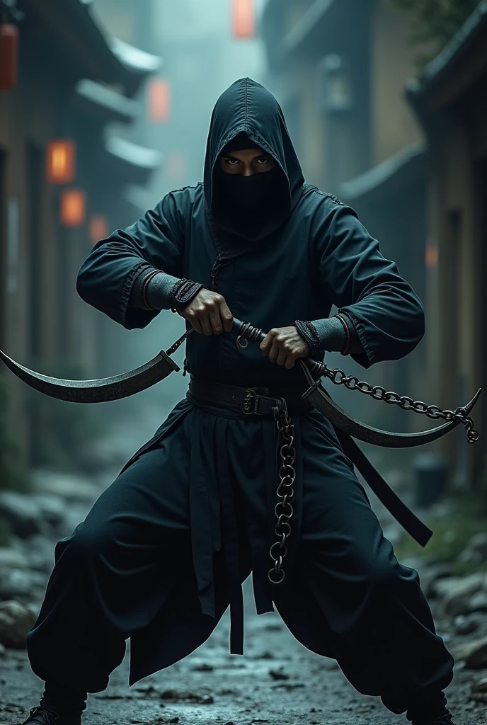 Ninja, Sickles connected to chains, masterpiece, best quality, high resolution, realistic, detailed,