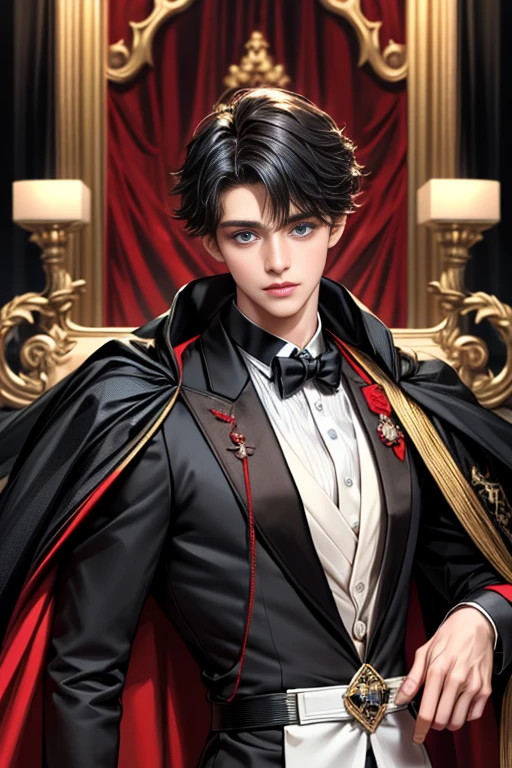 masterpiece, 最high quality, high quality, 1 boy, alone, Male focus, Upper Body,Watching the audience, Messy black hair, Adorable big blue eyes, White, Noble, Noble,A black and red cape that is bursting with sexy volume、Tuxedo、A very voluminous, large, very large, very large, long, long red and black cape with a high stand-up collar, made of a lot of fabric that reaches down to the floor., ,cute beautiful,Cute, cute, kind, handsome guy
