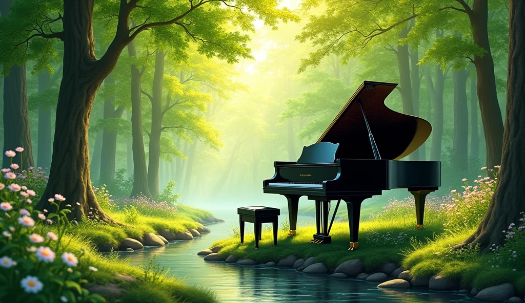 A black grand piano is placed in the middle of a lush green forest. The scene is bathed in soft sunlight filtering through the tall trees and green maple (momiji) leaves, creating a calm and peaceful atmosphere. A small stream runs beside the piano, reflecting the sunlight. The forest floor is covered with moss and leaves, and the piano stands out against the vibrant natural surroundings, adding an element of elegance to the serene landscape. The image should be detailed and realistic, capturing the tranquility of the forest and the beauty of the piano.
Small flowers are blooming,Watercolor style