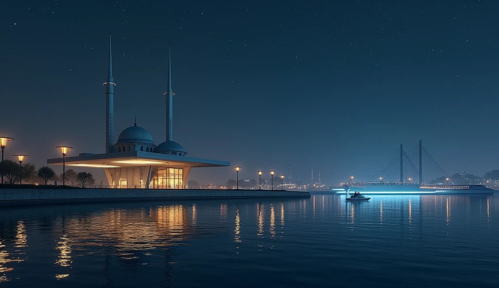 tiny futuristic mosque on the edge of a lake that is used for speedboat traffic, the lake is fenced with concrete so that it is easy for boats to pass around the mosque on a starry night, right perspective