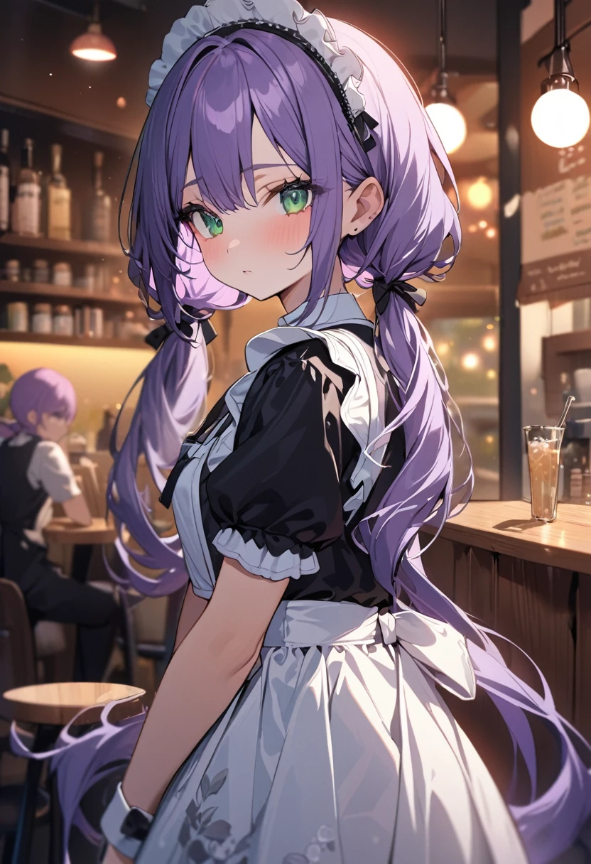 a girl, looking at viewer, low twintails, purple hair, green eyes, slim, maid, in the cafe, in the evening, kawaii, cute, upper body, medium shot, masterpiece, best quality, insanely detailed, hyper detailed, exquisite, beautiful,EF300mm f=2.8　Blur background, lens effect,bokeh,