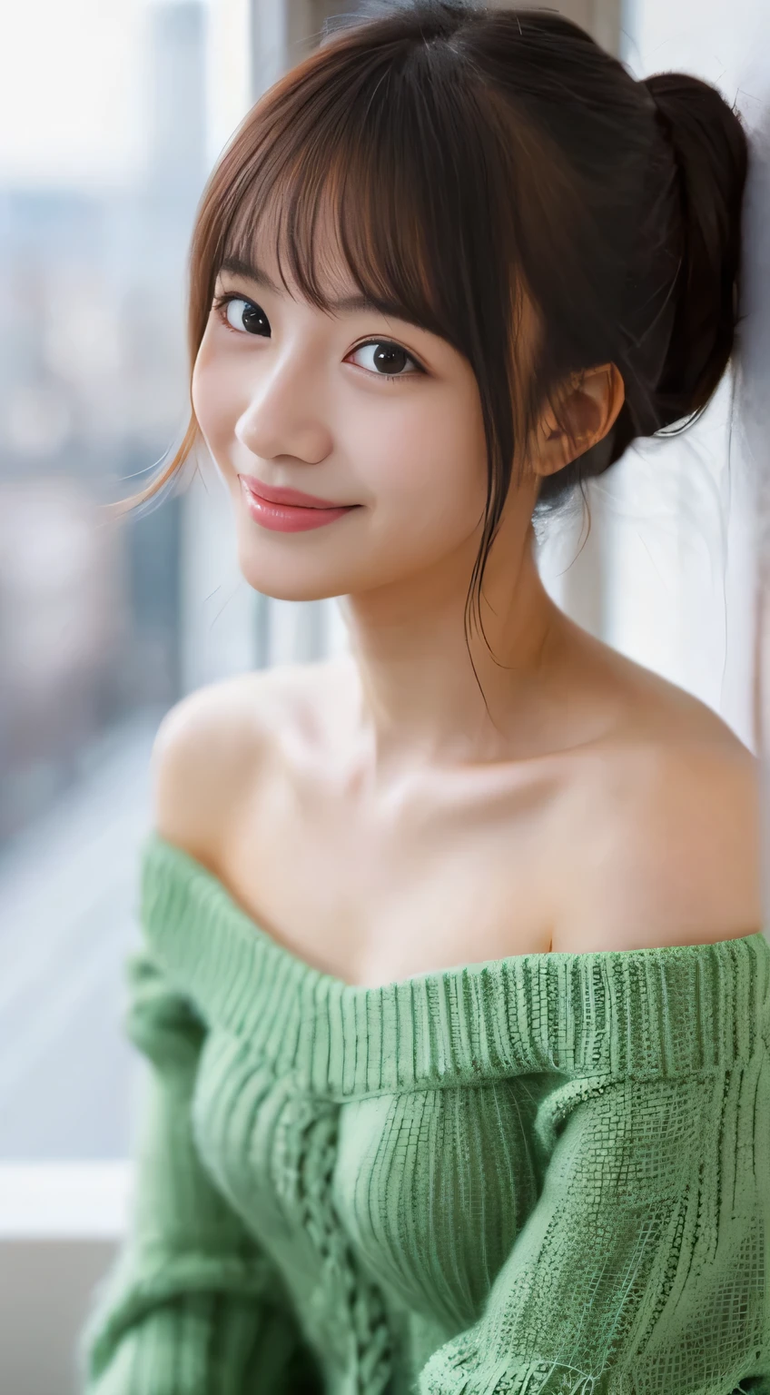 masterpiece,best quality,(Japanese girl),((Beautiful girl)),cleavage,(off shoulder:1.2),(perfect body beauty:1.2),(shy smile),From above