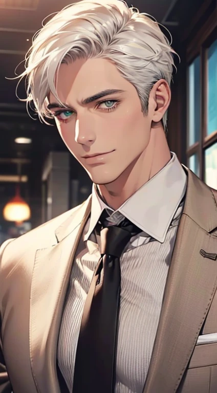 (Highest quality,4K,8K,High resolution,masterpiece:1.2),Super detailed,(Realistic,photoRealistic,photo-Realistic:1.37),1 personld,Mature Men,Beautiful skin、very handsome,Expressionless smile in love,Short white hair,green eyes,Sharp Eyes,A perfect face without a doubt,Businessman, CEO, Office Background,Cinema Lighting,HDR image,tie、