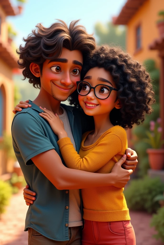 Make a Pixar cartoon style image where there is a Venezuelan woman with curly black hair down to her shoulders who wears glasses hugging a curly man with brown hair