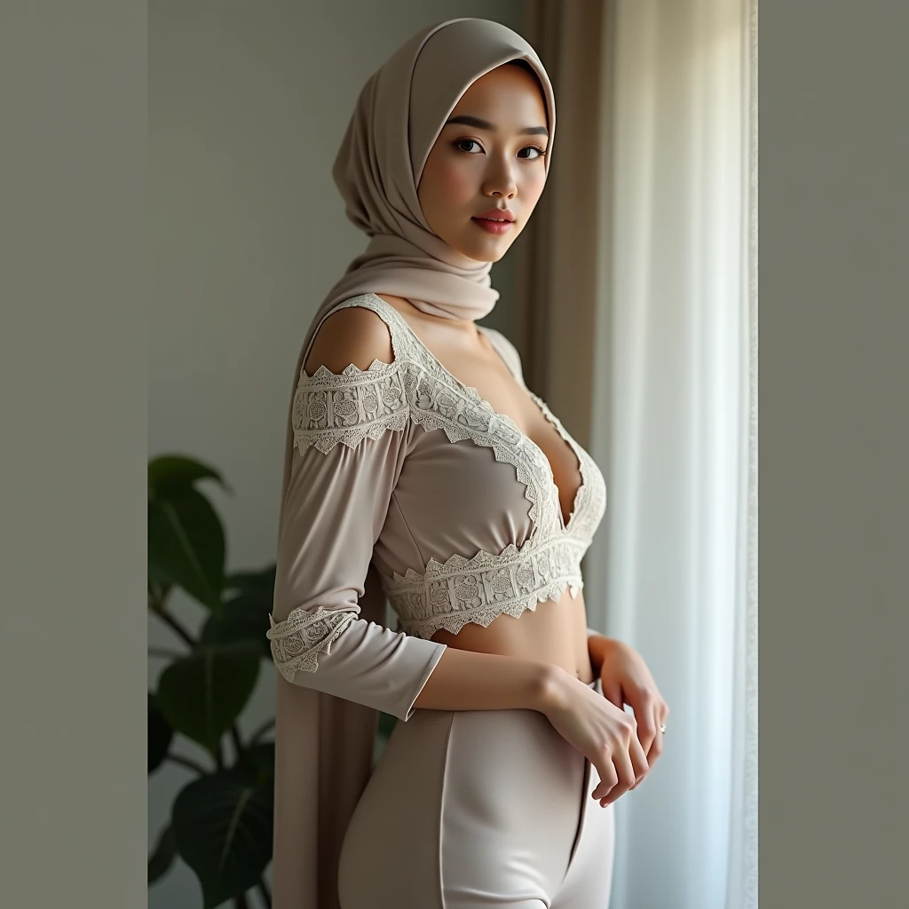 (iu:0.8),cleavage, RAW, Best quality, high resolution, Masterpiece: 1.3, medium breast, Beautiful glasses pearl_skinned malay hijab wearing singlet and skirt , Masterpiece, Soft smile